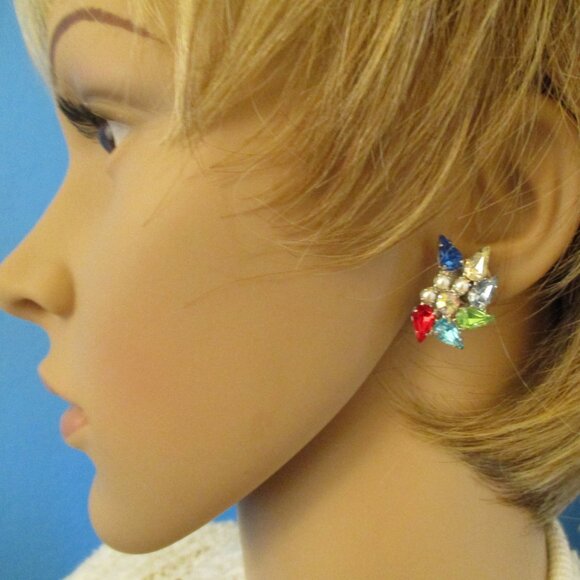 Vintage B DAVID Crystal Rhinestone Pearl Clip Earrings ~ Designer Earrings - Picture 3 of 11
